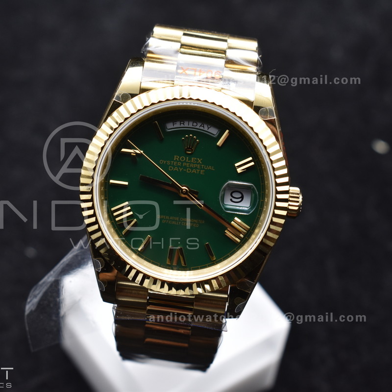 DayDate 40 YG GMF Gain Weight 904L Steel Green Dial Roman Markers on President Bracelet A3255 V2